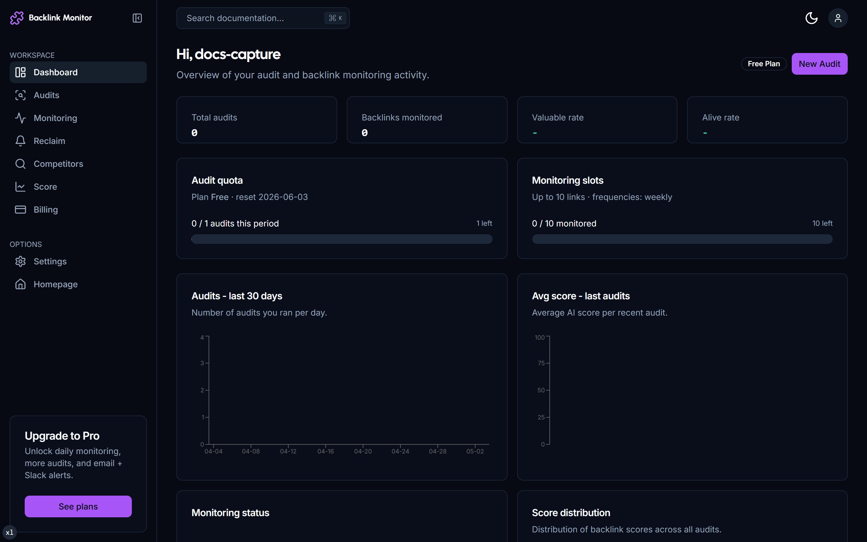 Dashboard overview with sidebar navigation and live stats