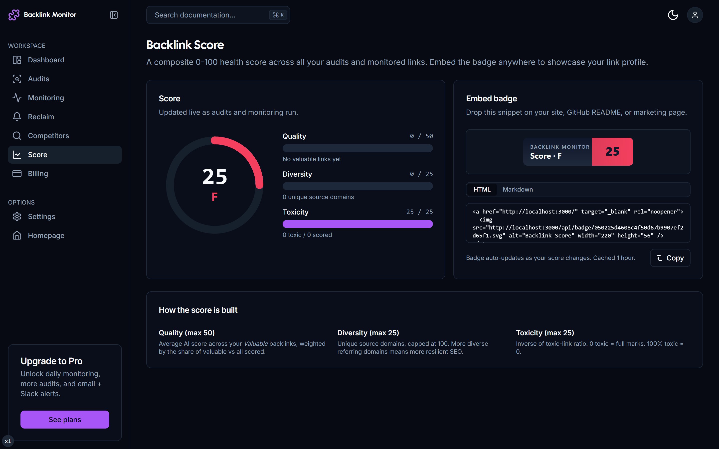 Backlink Score page with circular gauge and breakdown cards